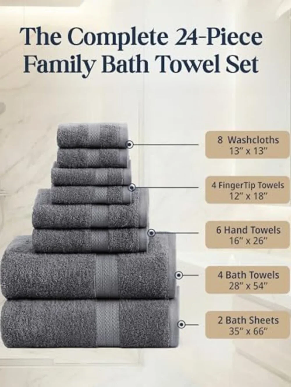 24-Piece Cotton Bath Towel Set - Quick Dry, Super Soft, Highly Absorbent